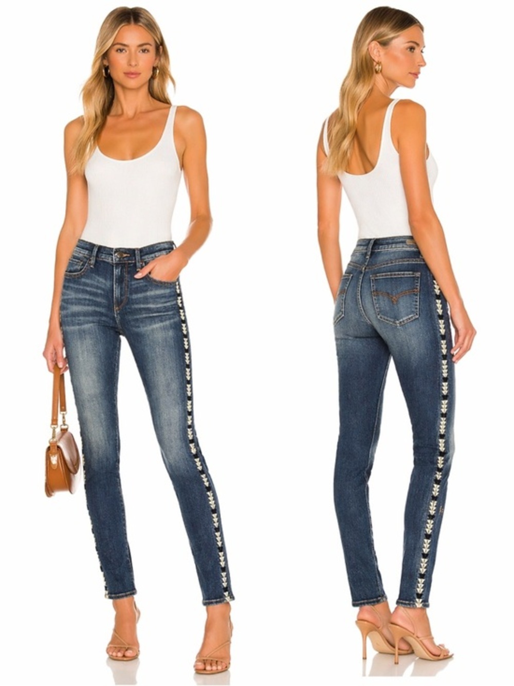 Driftwood Marilyn Skinny Jeans Size 27 Embroidered Side Stripe Boho Denim